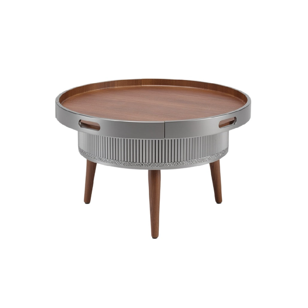 Mesa de Centro Redonda con Acabado de Madera y Detalles Metálicos Elegantes