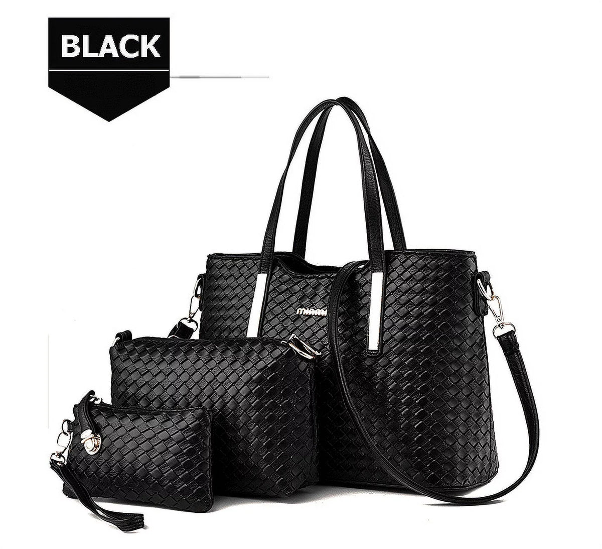 Smarit Gentlemen Pu Leather Weave Handbag Purse Bag Set 3 Pieces Tote Bag Set Shoulder Bags Big Capacity